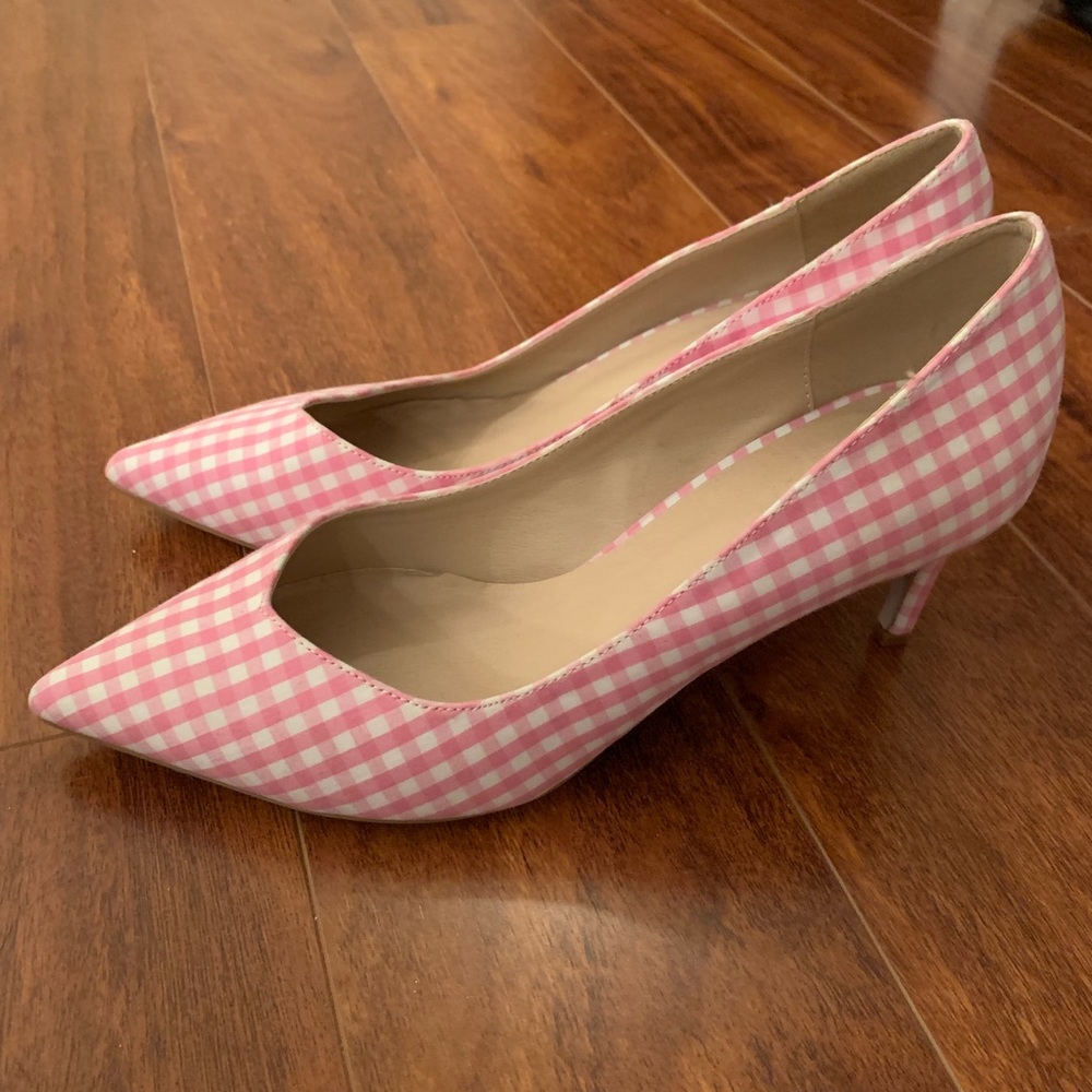 ASOS Pink and White Gingham Low Pointy Heels 2”